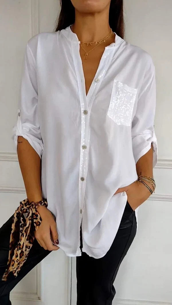 Camisa Casual de Manga Longa com Lantejoulas